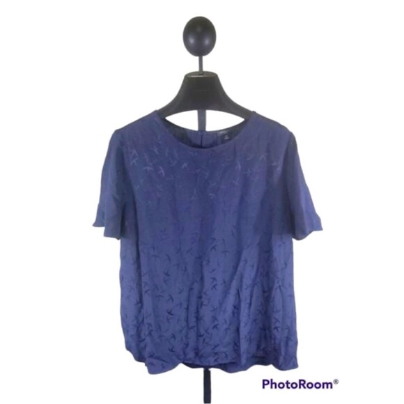 Ann Taylor Petite Sparrow Bird Print Navy Blue Blouse Women’s Size Large (LP)​ - Picture 1 of 4